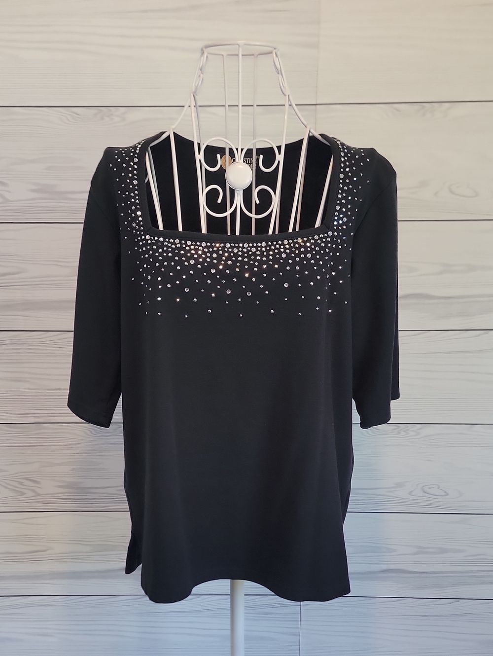 Christine Alexander Crystal Studded Square-Neck Knit Top - Black Womens Size L